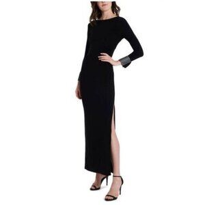 MSK Womens 16 Black Rhinestone Detail Side Slit Long Sleeve Long Dress NWT BA78